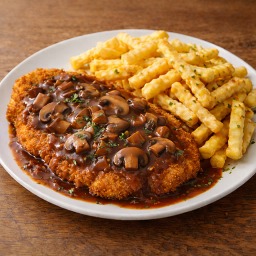 Jägerschnitzel mit Pommes