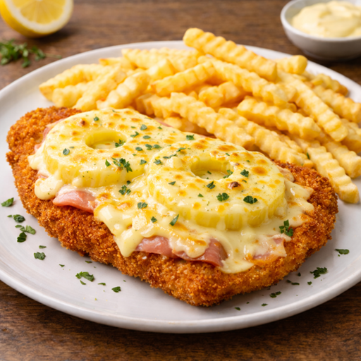 Hawaiischnitzel mit Pommes