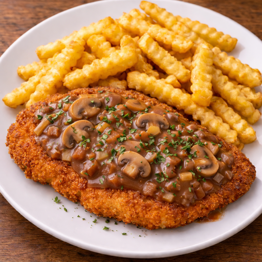 Hähnchenjägerschnitzel mit Pommes