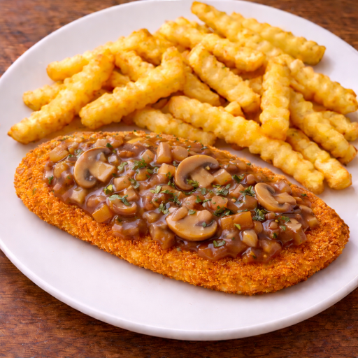 Veganes Jägerschnitzel mit Pommes